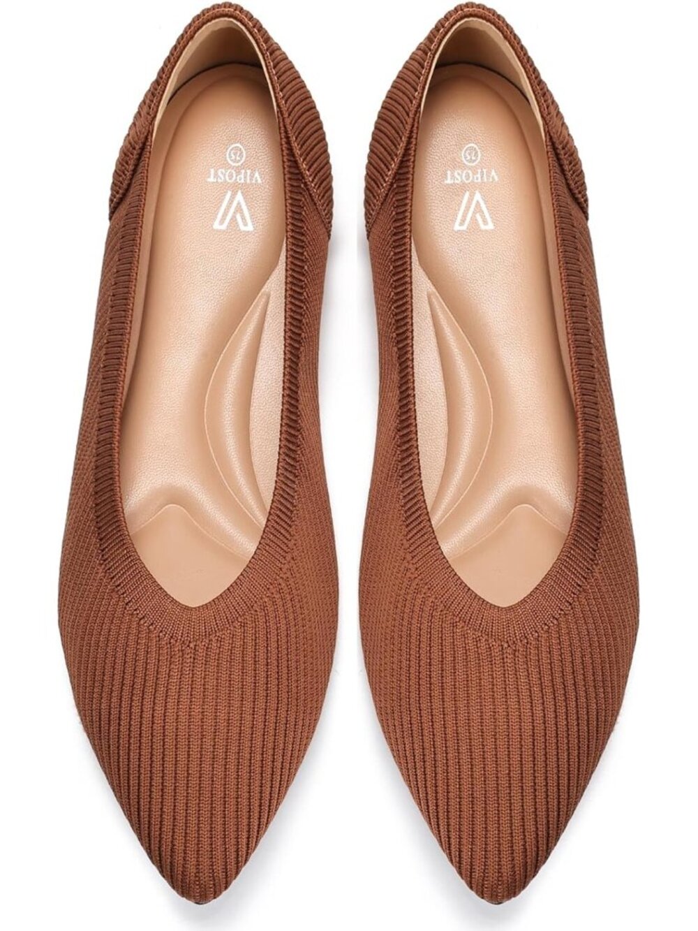 Women's Brown Pointed Toe Comfort Foldable Slip On Dressy Knit Ballet Flat Shoes